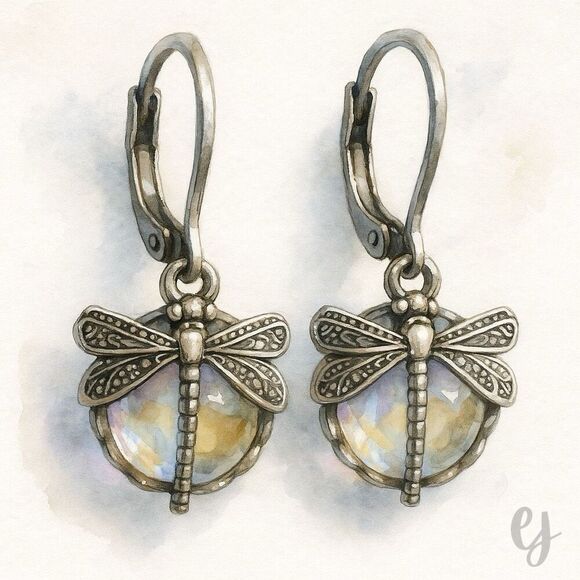 Opaline Dragonfly Leverback Earrings – Clear Glass Romantic Garden Style - Picture 1 of 9